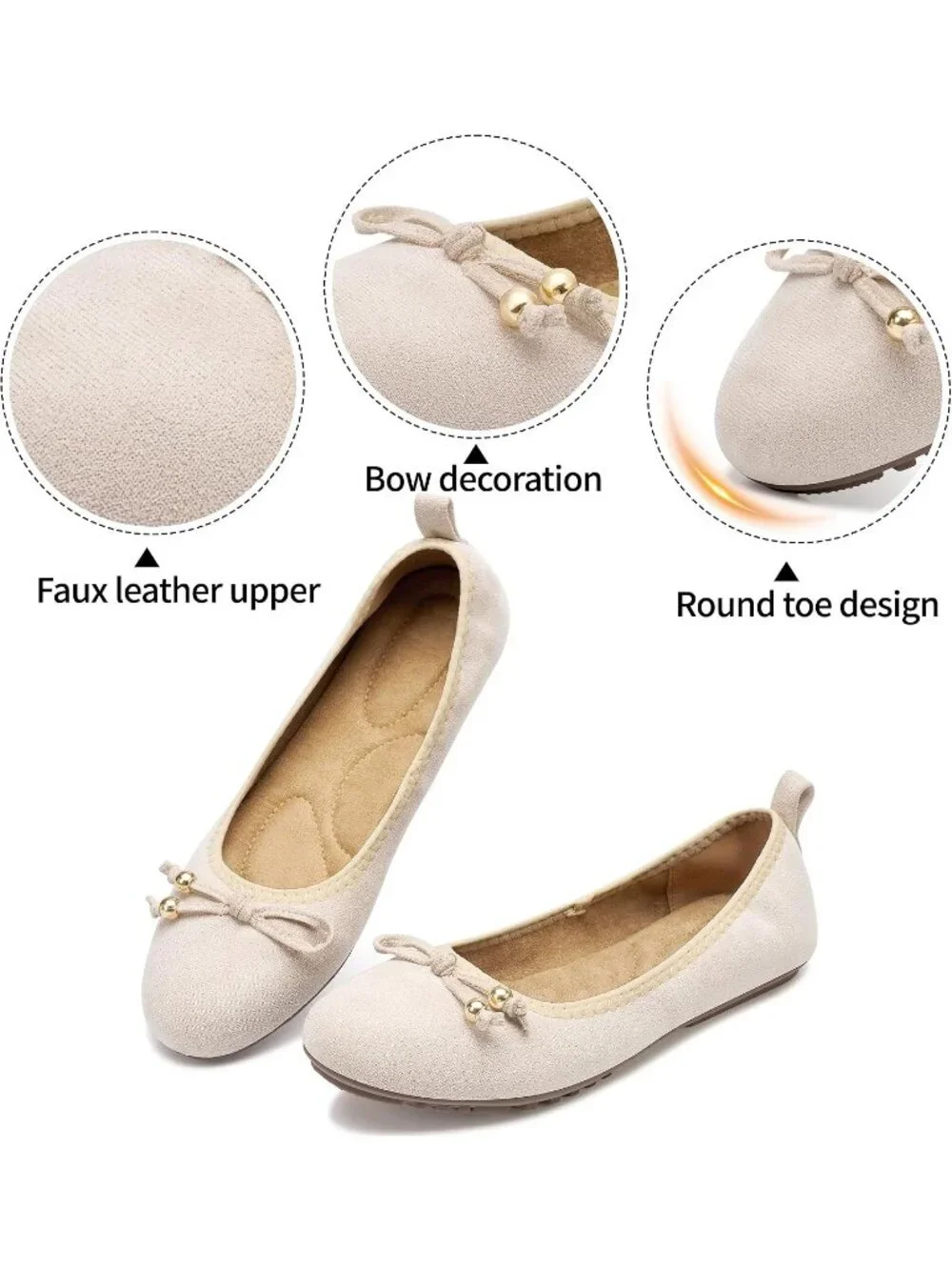 Women's Beige Suede PU Leather Round Toe Flats Slip-On Cushioned Comfort Shoes